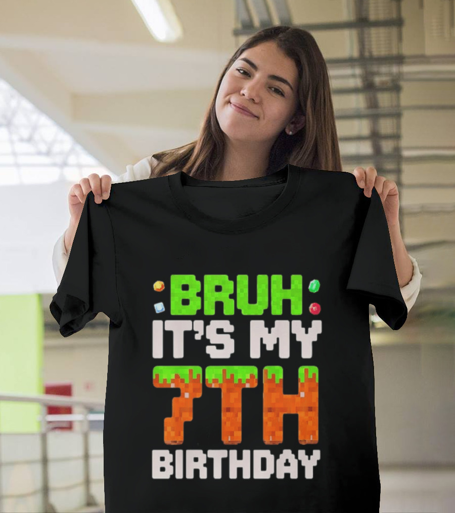 Bruh It's My 7th Birthday Pixel Gamer Style Block T-Shirt