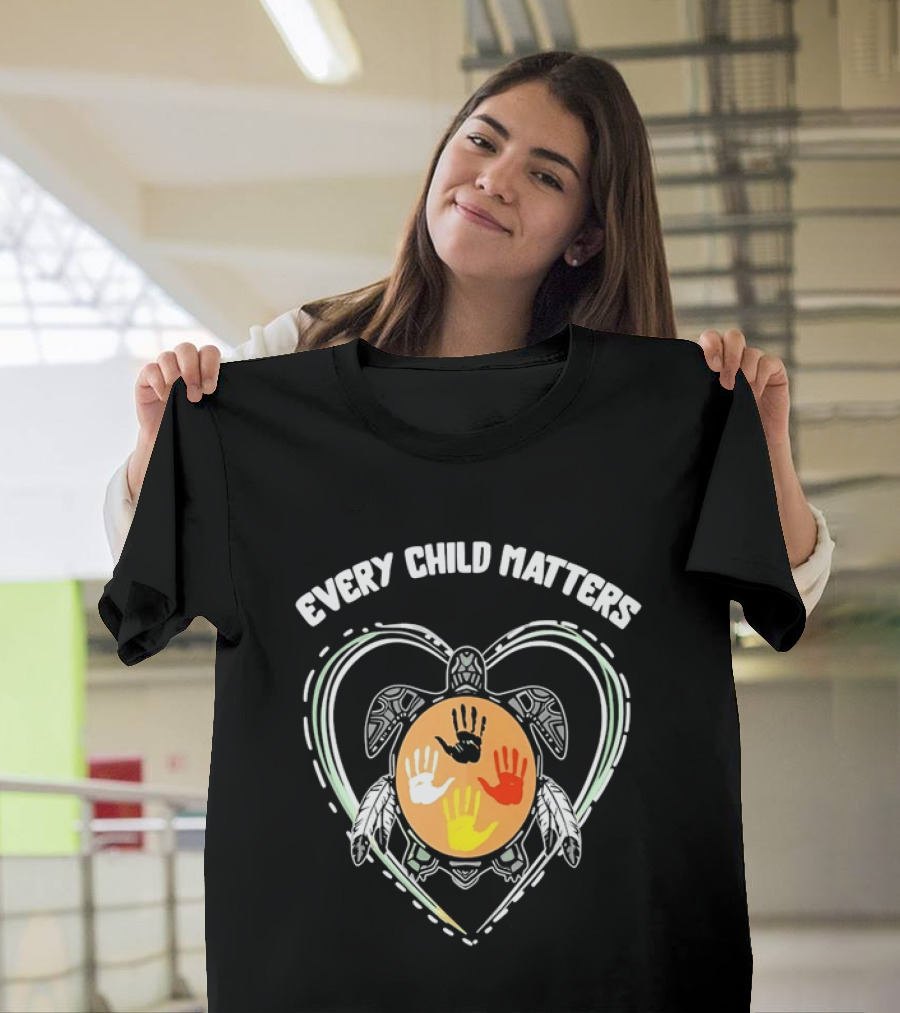 Every Child Matters Turtle Indigenous Handprints Orange Heart T-Shirt