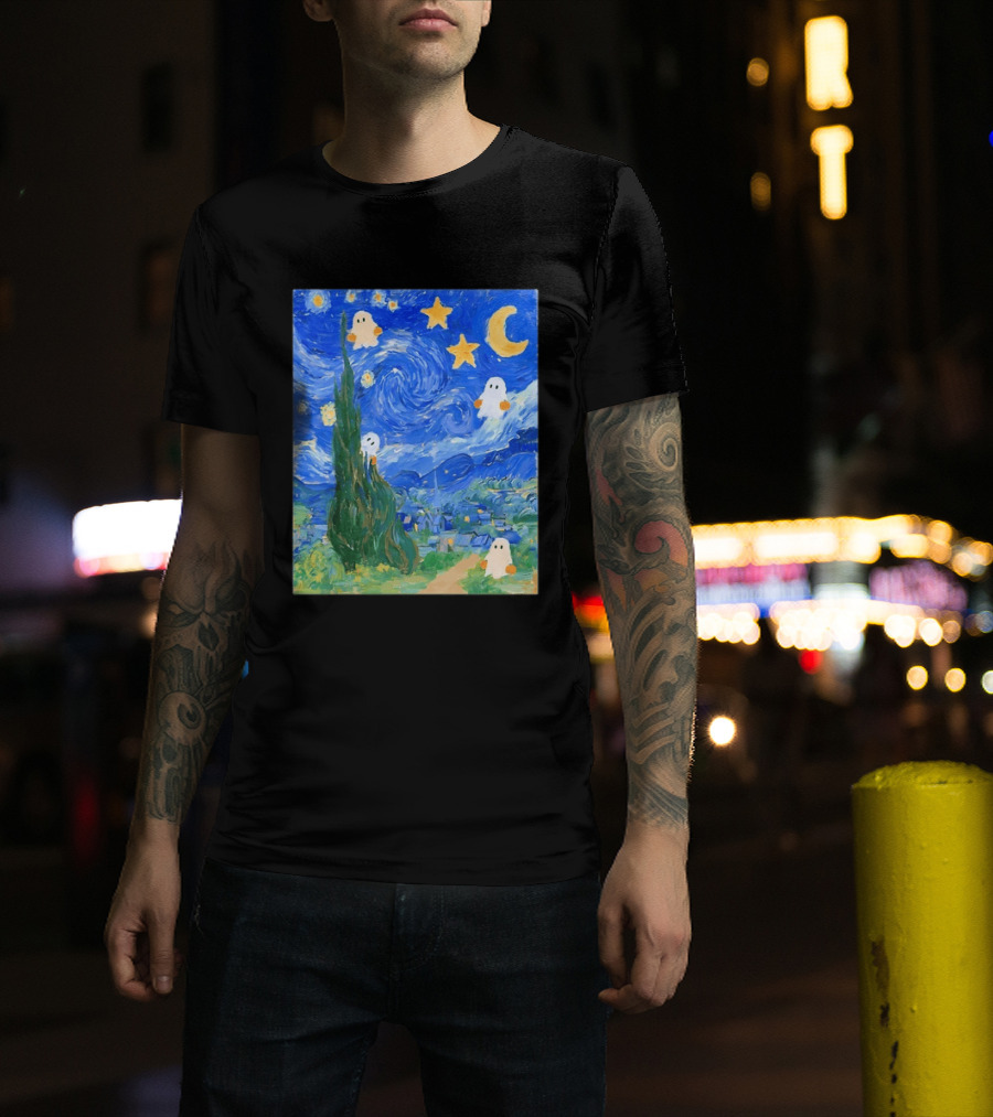 Starry Night Halloween Ghosts Vincent Van Gogh Painting T-Shirt