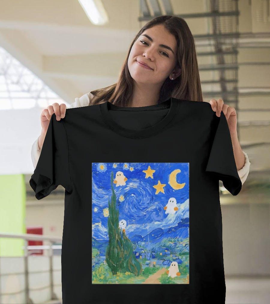 Starry Night Halloween Ghosts Vincent Van Gogh Painting T-Shirt