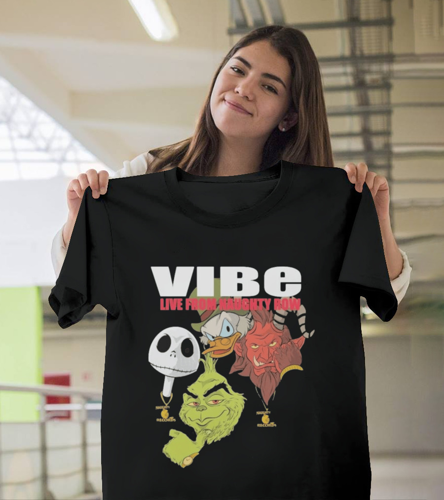 Vibe Live From Naughty Row Grinch Krampus Scrooge Jack Skellington Christmas Naughty Row Records T-Shirt