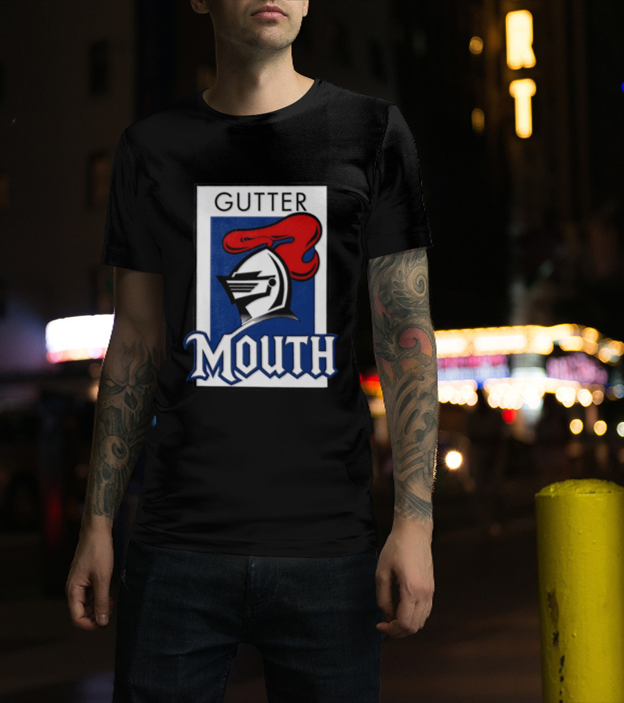 Guttermouth Newcastle Knights Collaboration Rugby League Iconic Helmet Red Blue T-Shirt