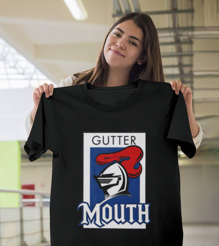 Guttermouth Newcastle Knights Collaboration Rugby League Iconic Helmet Red Blue T-Shirt