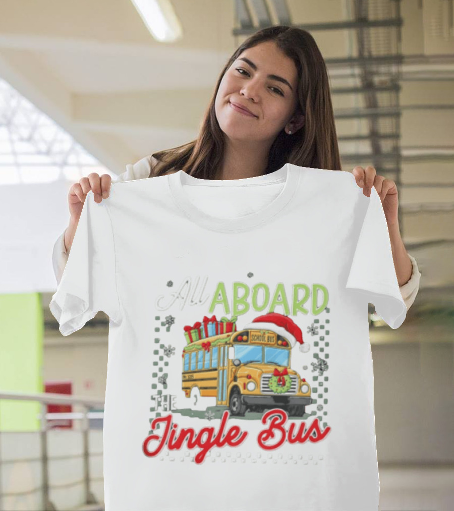 All Aboard The Jingle Bus Christmas Yellow School Bus Santa Hat Gifts Snowflakes Wreath T-Shirt