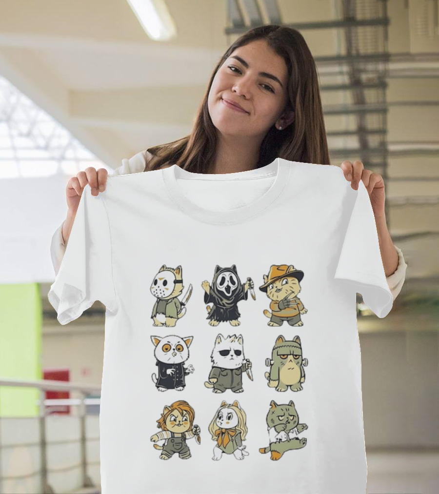 Horror Movie Cats Meowster Party Jason Ghostface Freddy Krueger Halloween T-Shirt