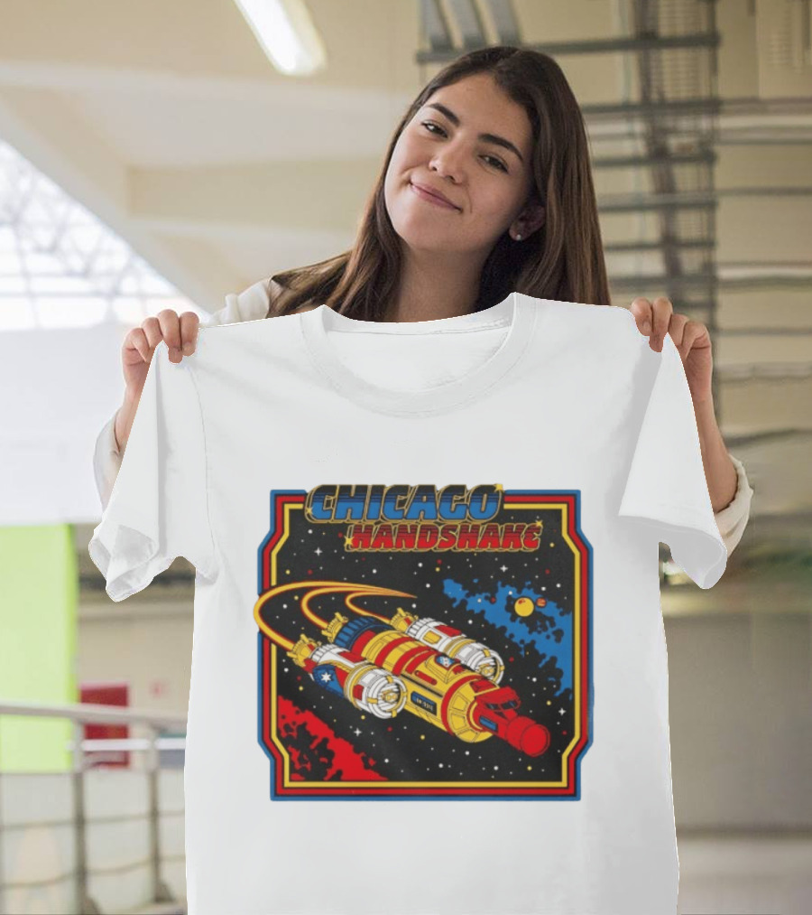 Chicago Handshake Spaceship Malort Old Lager Retro Sci Fi Space Adventure T-Shirt