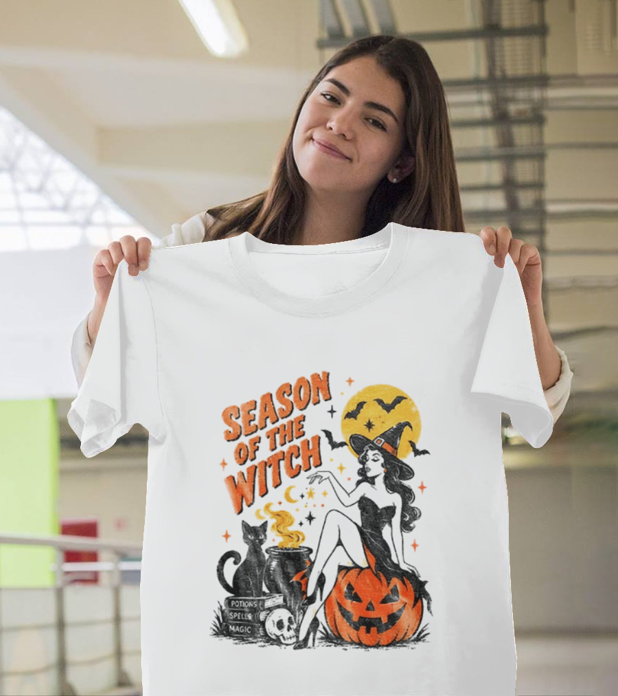 Season Of The Witch Halloween Spooky Season Full Moon Pumpkin Black Cat Bat T-Shirt