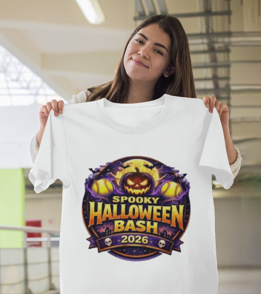 Spooky Halloween Bash 2026 Pumpkin Moonlit Baseball Skulls T-Shirt