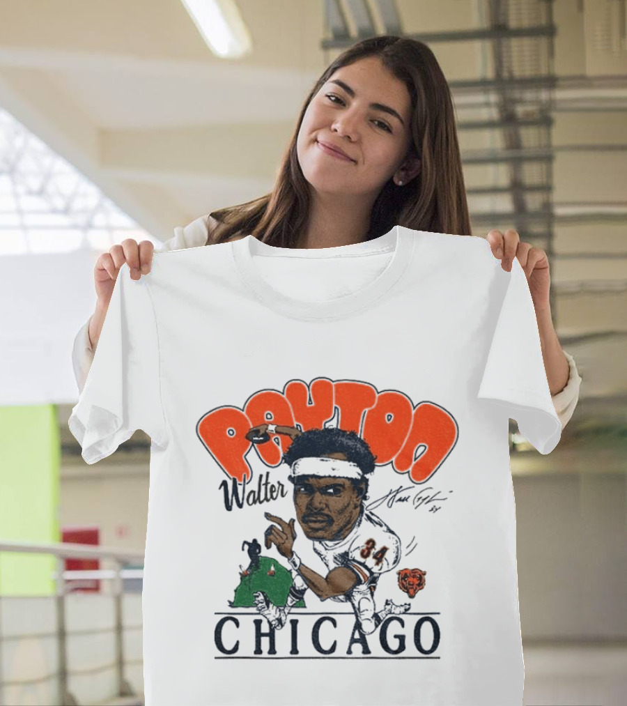 Walter Payton Chicago Bears 34 Caricature Player Signature Drawing T-Shirt