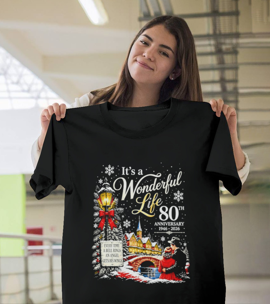 It's A Wonderful Life 80th Anniversary 1946 2026 Christmas Village Scene Snowflakes Lantern T-Shirt