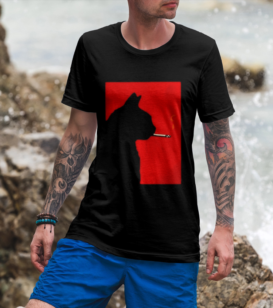 Black Cat Silhouette With Cigarette On Red T-Shirt