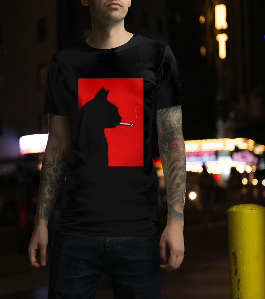 Black Cat Silhouette With Cigarette On Red T-Shirt