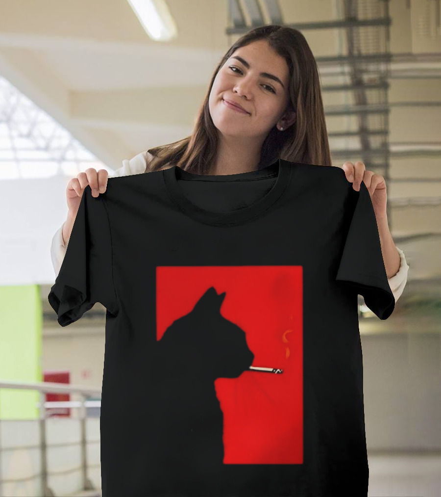 Black Cat Silhouette With Cigarette On Red T-Shirt