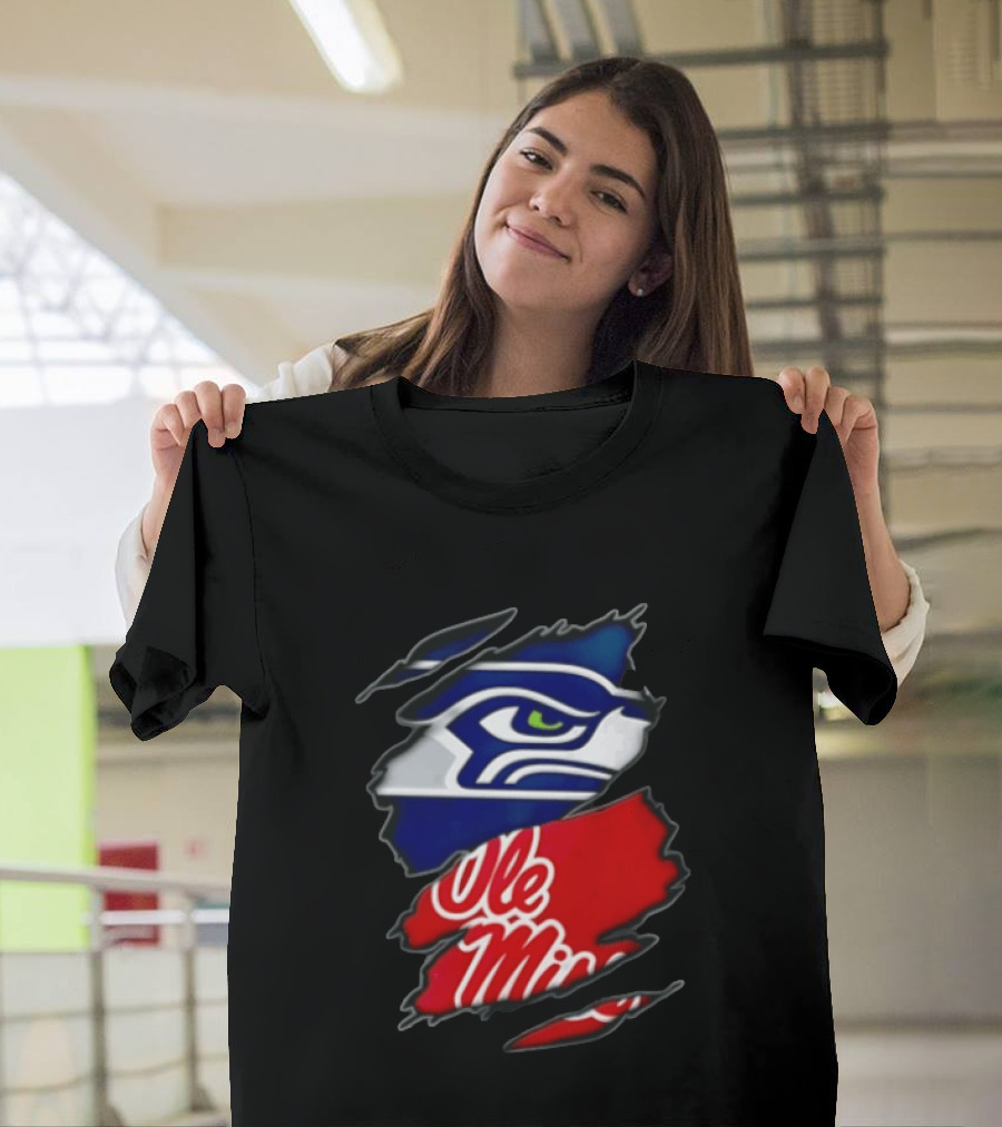 Seattle Seahawks Ole Miss Rebels Ripped Fabric Reveal T-Shirt
