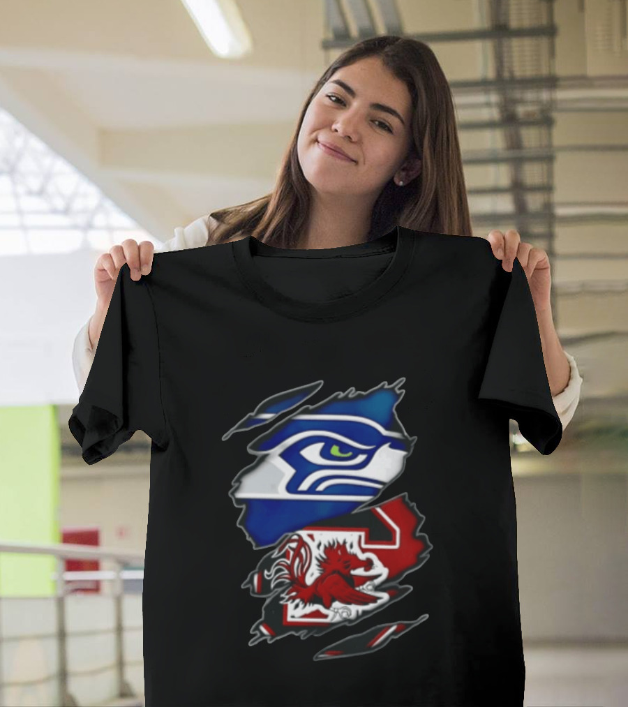 Seattle Seahawks South Carolina Gamecocks Torn Fabric Reveal Team Logos T-Shirt