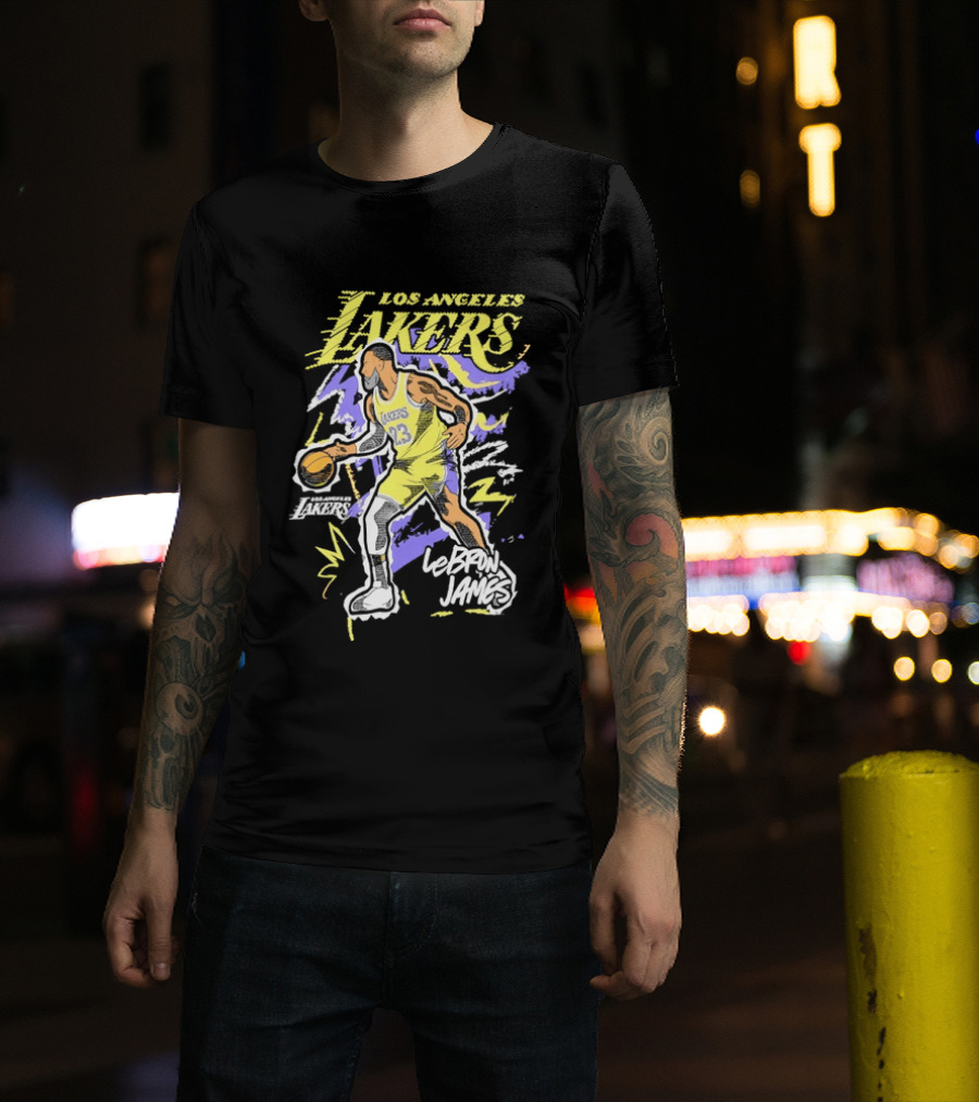 LeBron James Los Angeles Lakers 23 NBA Basketball Player Sketch Yellow Purple T-Shirt