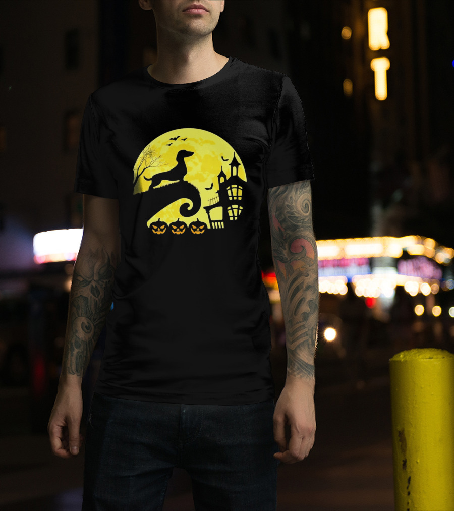 Dachshund Halloween Moon Spooky Night With Pumpkins T-Shirt