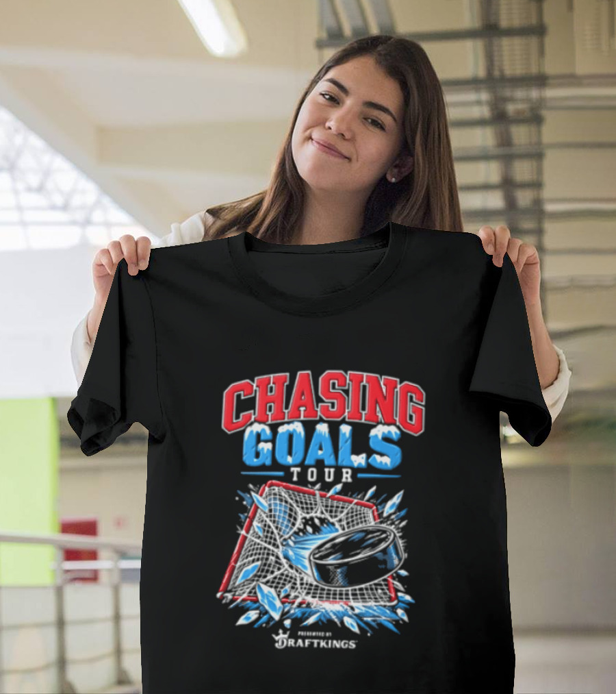 DraftKings Chasing Goals Tour Hockey Puck Crashing Into Net T-Shirt