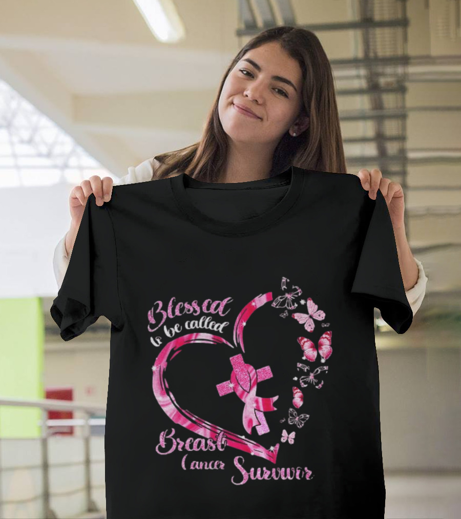 Blessed To Be Called Breast Cancer Survivor Pink Butterfly Ribbon Heart T-Shirt
