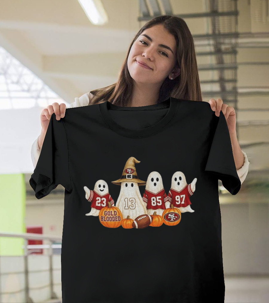 San Francisco 49ers Ghost Gold Blooded Halloween Football 2026 Pumpkins Football Jerseys T-Shirt