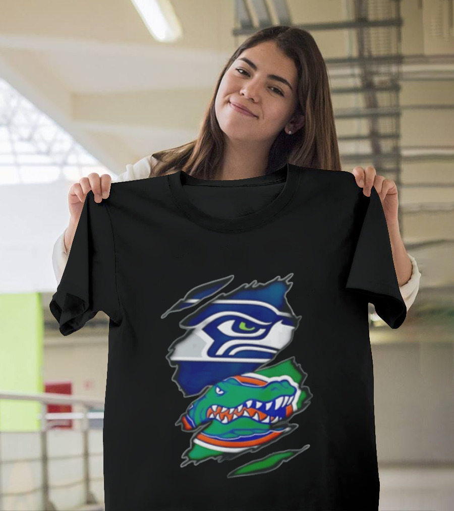 Seattle Seahawks Florida Gators Ripped Fabric Effect Sports Logos T-Shirt
