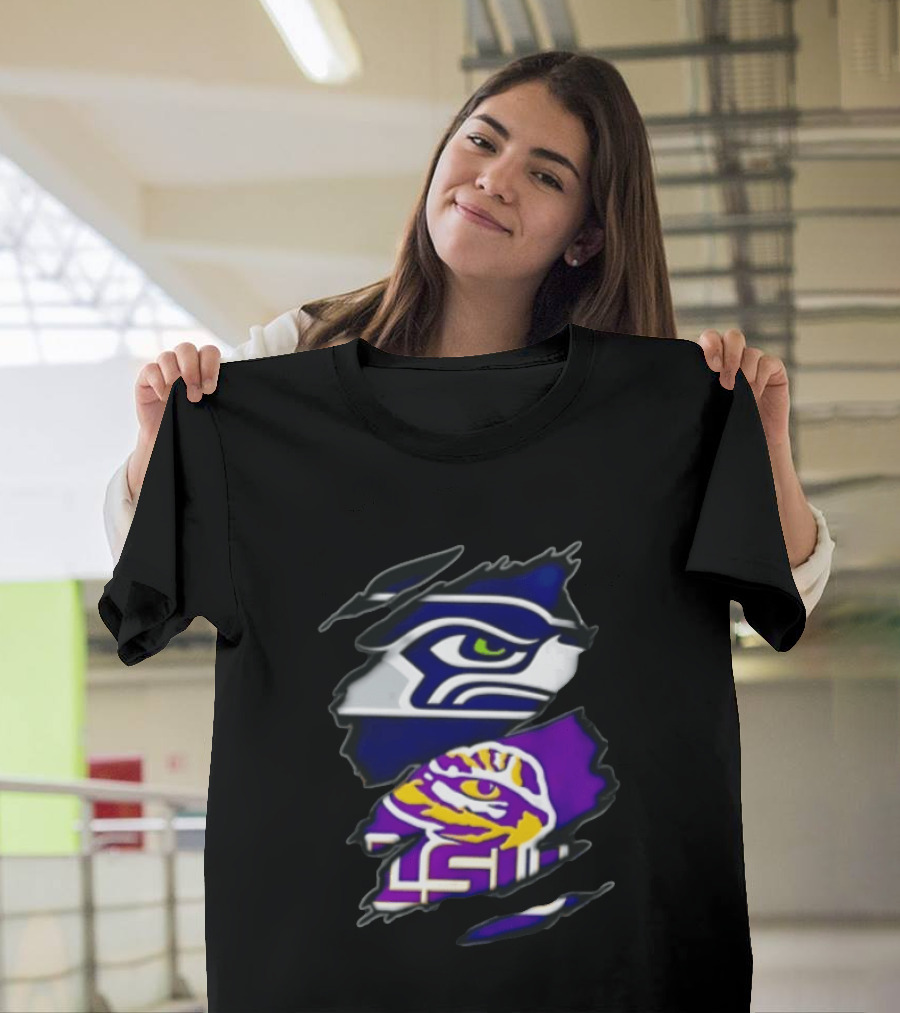 Seattle Seahawks Louisiana State University Ripped Fabric Reveal Seahawks Tiger Eye T-Shirt