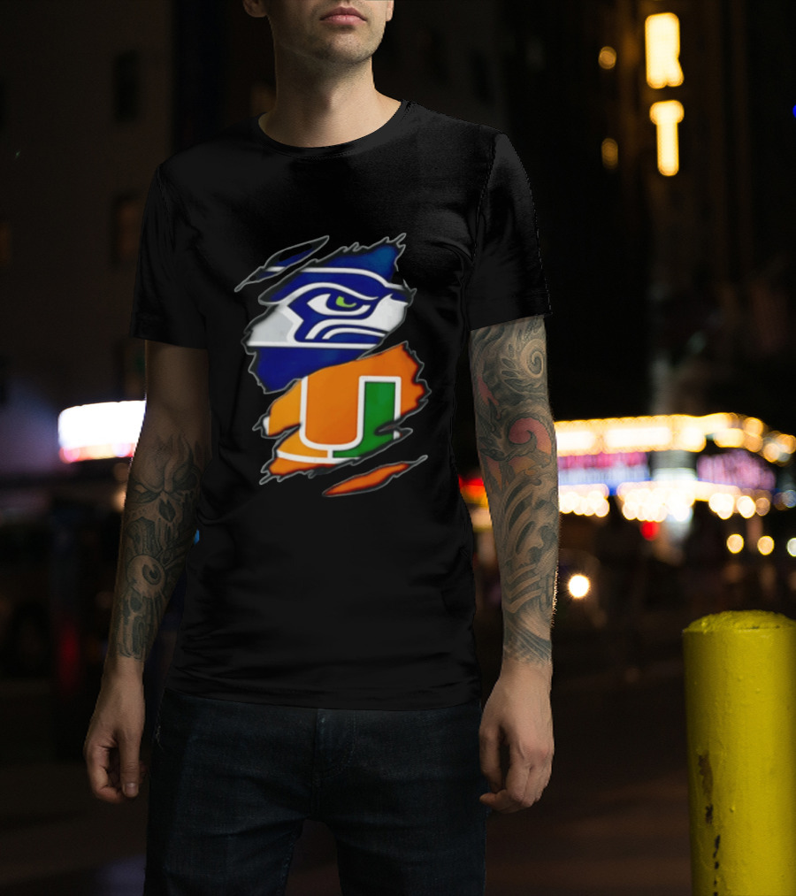 Seattle Seahawks Miami Hurricanes Torn Fabric Reveal Team Logos T-Shirt