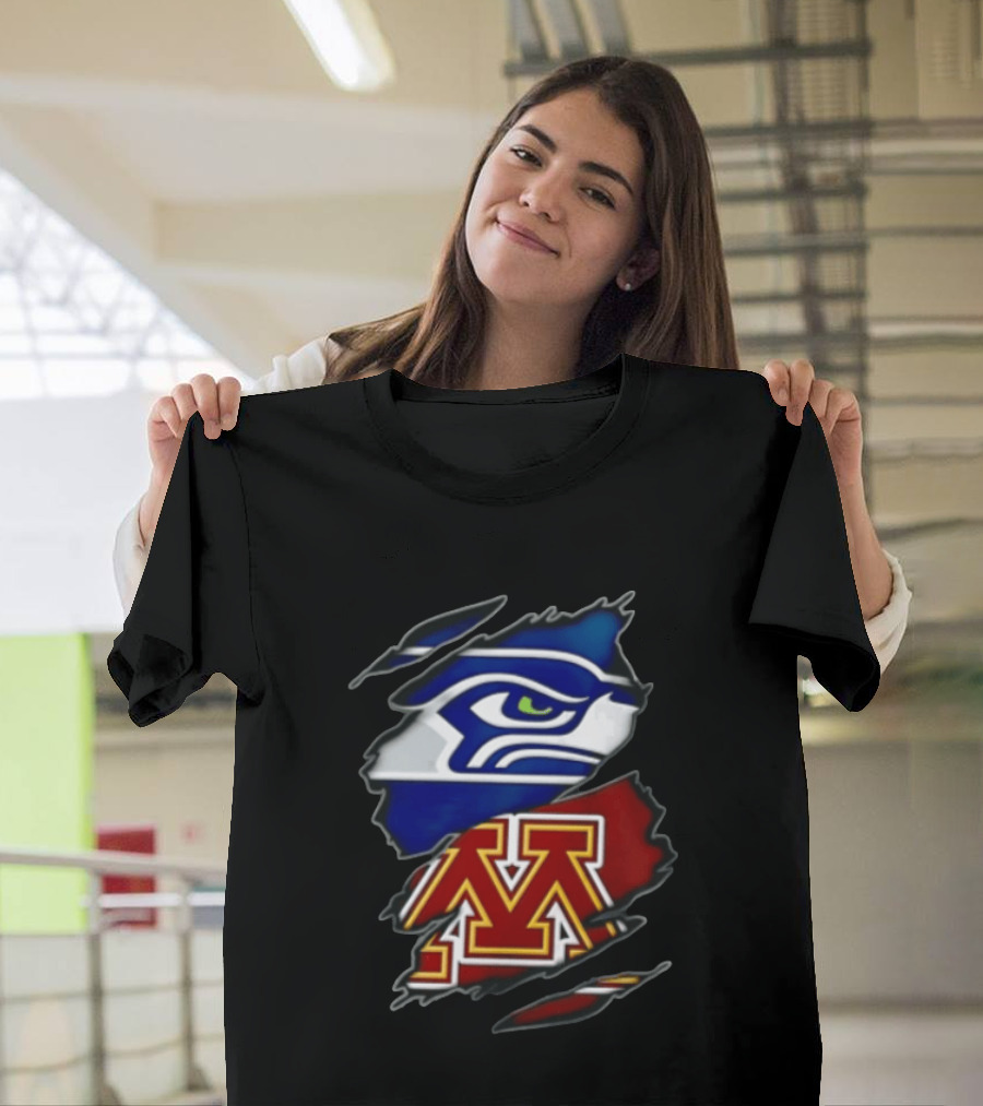 Seattle Seahawks Minnesota Golden Gophers Torn Fabric Reveal Team Emblems T-Shirt