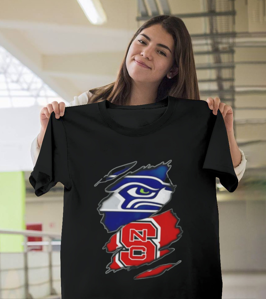 Seattle Seahawks North Carolina State Wolfpack Torn Fabric NFL NCAA Team T-Shirt