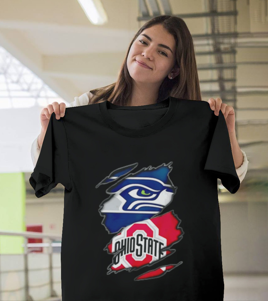 Seattle Seahawks Ohio State Buckeyes Torn Fabric Effect Team Logos T-Shirt