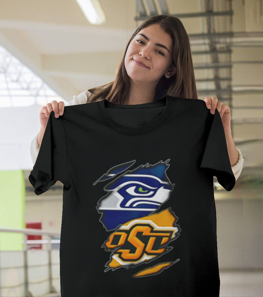 Seattle Seahawks Oklahoma State Cowboys Torn Fabric Reveal Sports T-Shirt