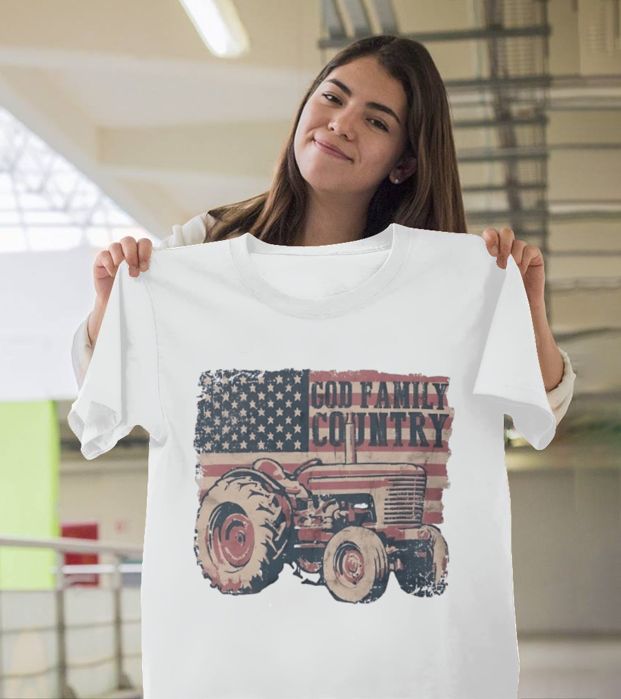 American Flag God Family Country Tractor T-Shirt