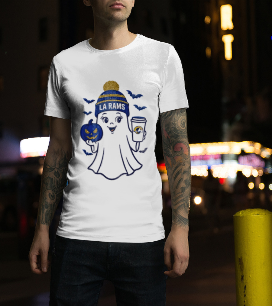 Los Angeles Rams Beanie Ghost Holding Pumpkin And Coffee Halloween T-Shirt