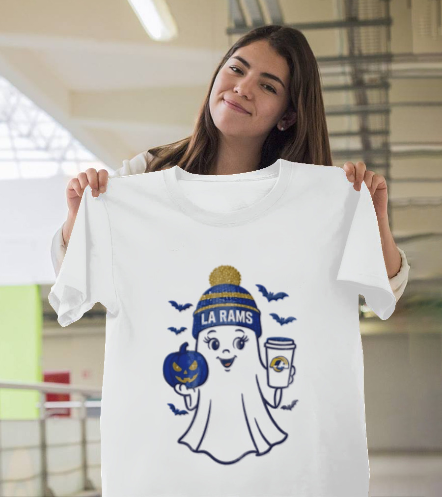 Los Angeles Rams Beanie Ghost Holding Pumpkin And Coffee Halloween T-Shirt