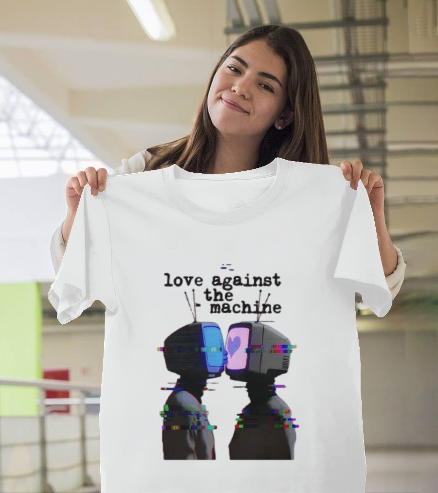 Love Against The Machine Two Television Heads Kissing Glitch Heart T-Shirt