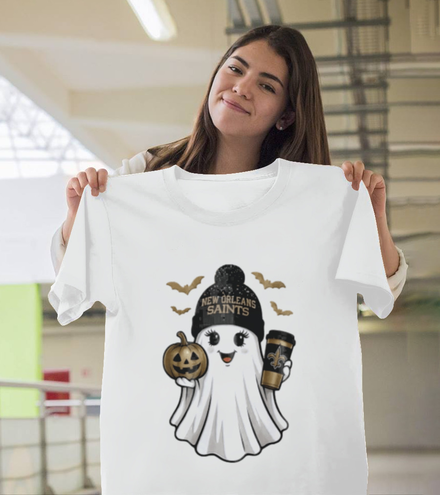 New Orleans Saints Ghost Beanie Pumpkin Coffee Halloween T-Shirt