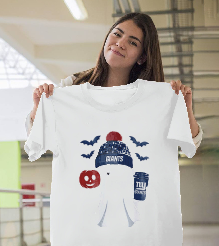 New York Giants Ghost Halloween Beanie With Pumpkin Coffee And Bats T-Shirt