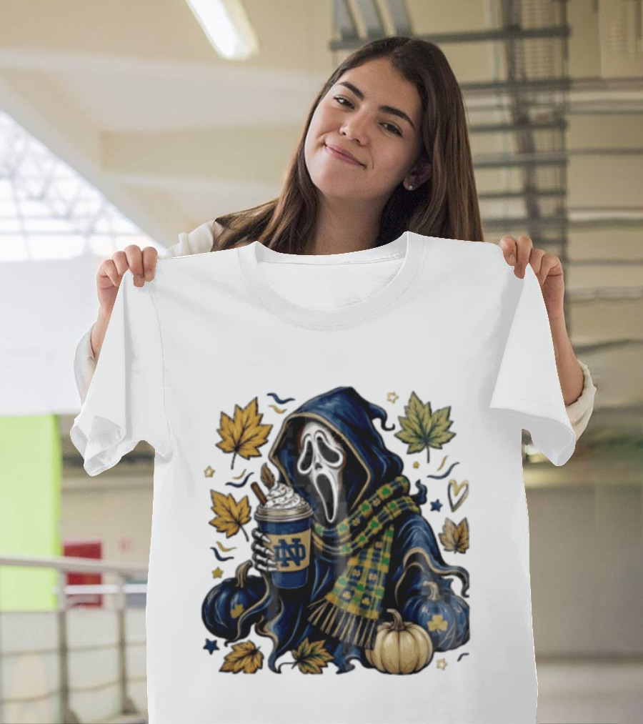 Notre Dame Ghostface Holding Coffee Autumn Leaves Pumpkins T-Shirt