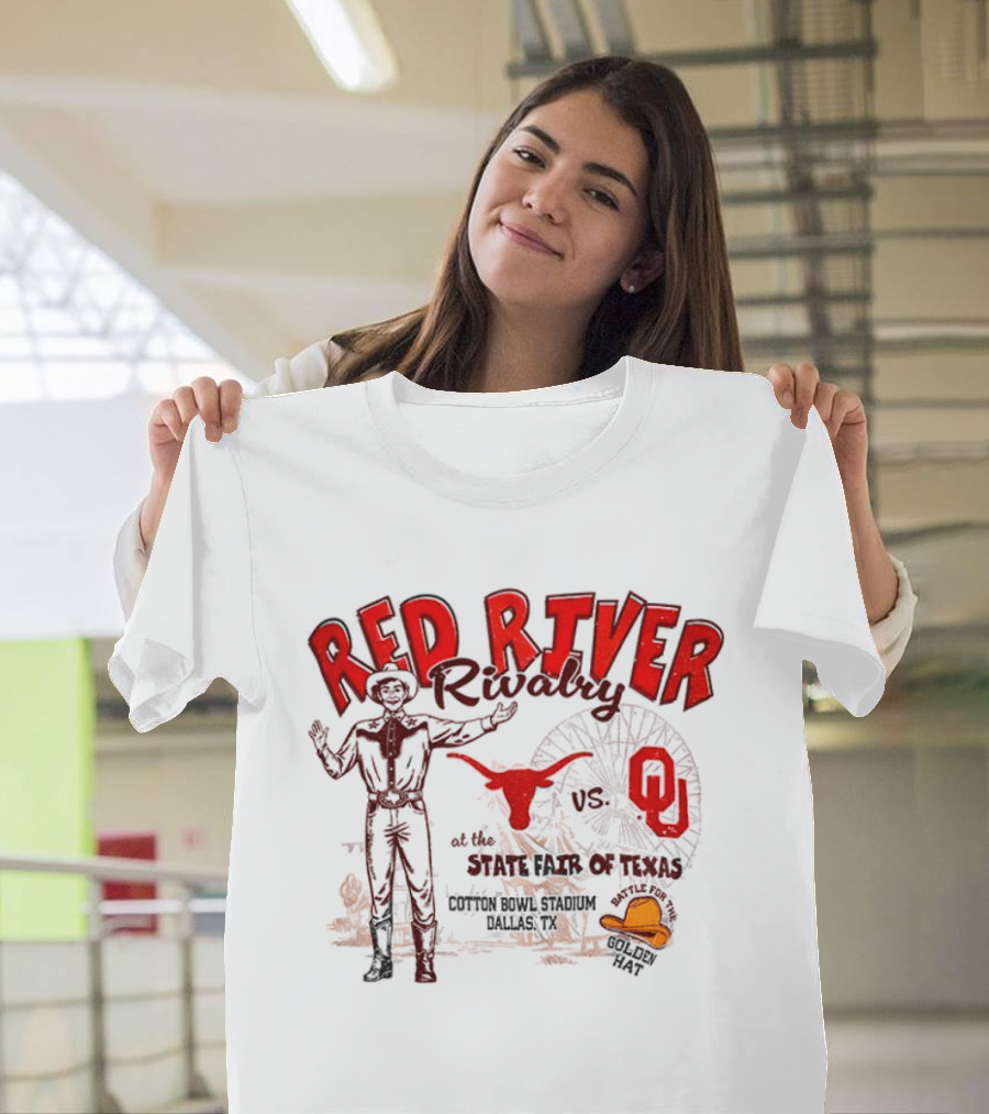 Red River Rivalry Texas Longhorns Vs Oklahoma Sooners State Fair Of Texas Vintage Cowboy Ferris Wheel Iconic Showdown T-Shirt