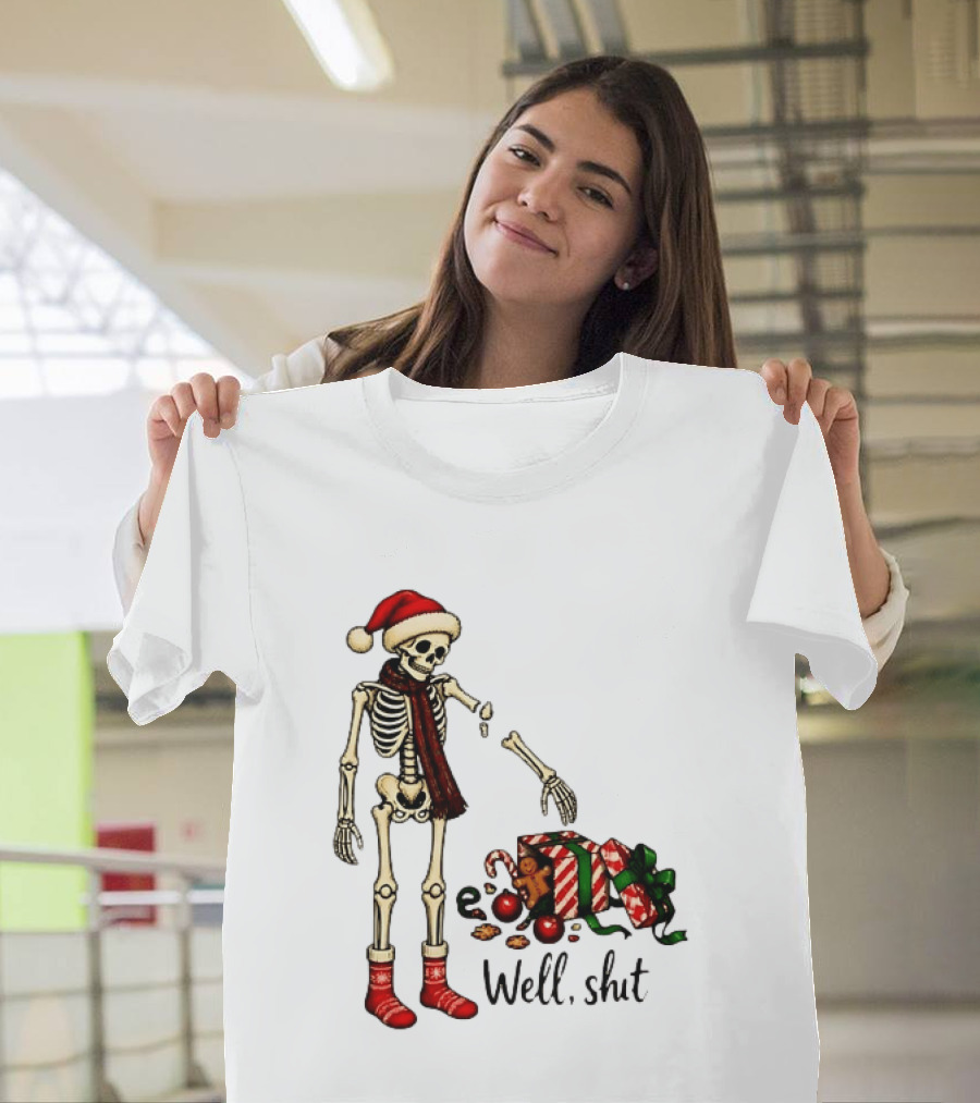Well Shit Christmas Skeleton Gingerbread Man Santa Hat T-Shirt