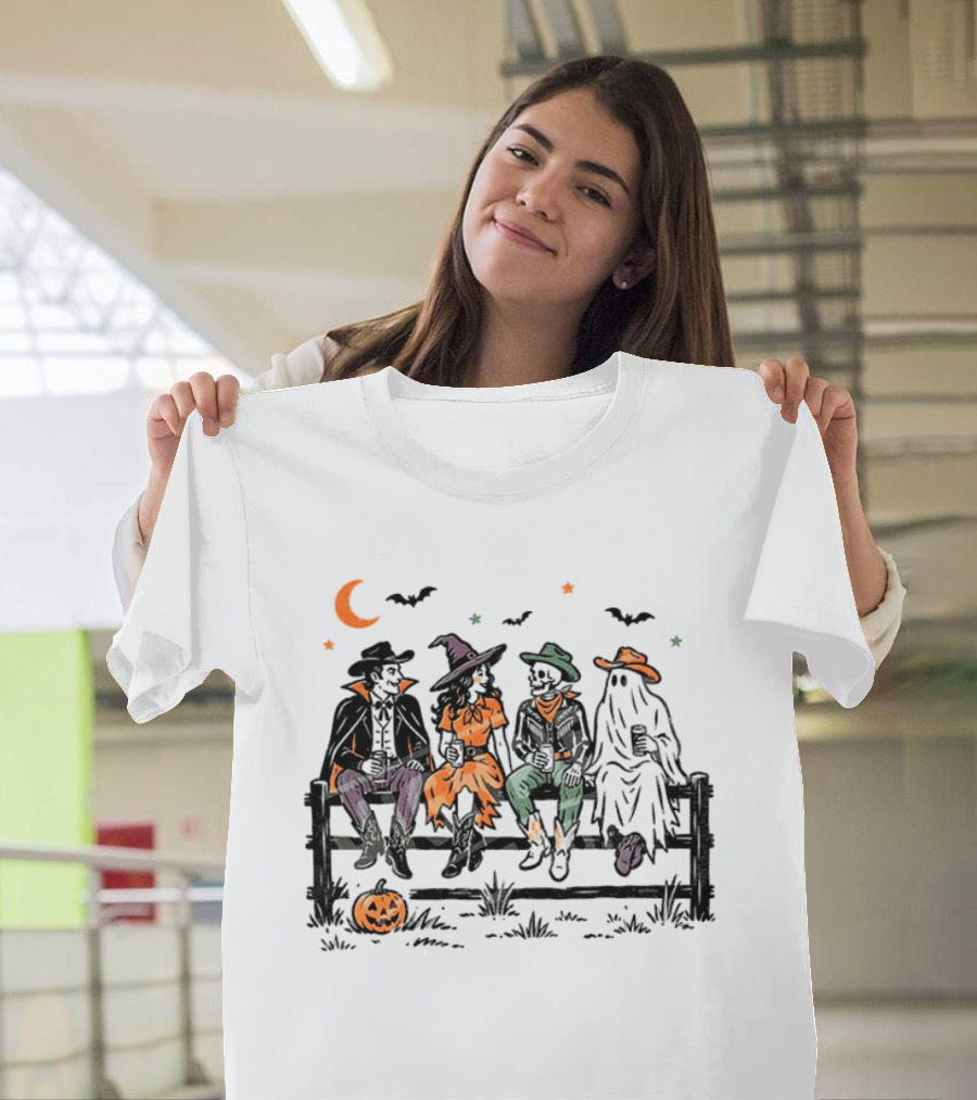 Witch Skeleton Ghost Vampire Western Halloween Scene With Pumpkins And Bats T-Shirt
