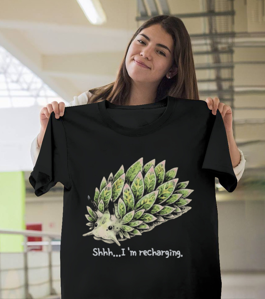 Leaf Sheep Sea Slug Shhh I'm Recharging Green Pink Cute Sea Creature T-Shirt