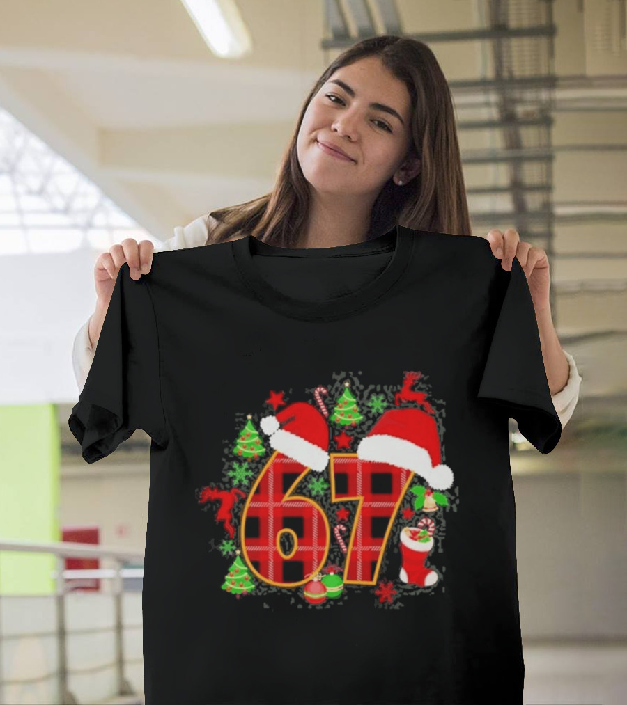 67 Christmas Plaid With Santa Hats And Festive Decorations T-Shirt