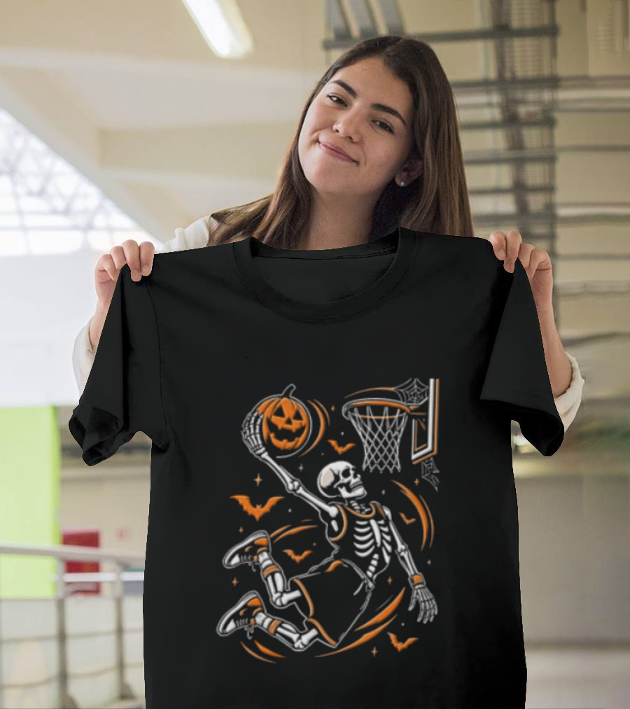 Skeleton Slam Dunk Pumpkin Basketball Hoop Spooky Halloween T-Shirt