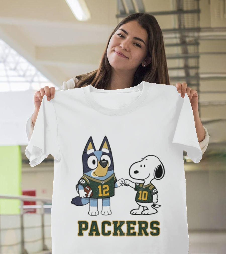 Bluey Snoopy Packers Football Friends Wearing 12 And 10 Jerseys T-Shirt