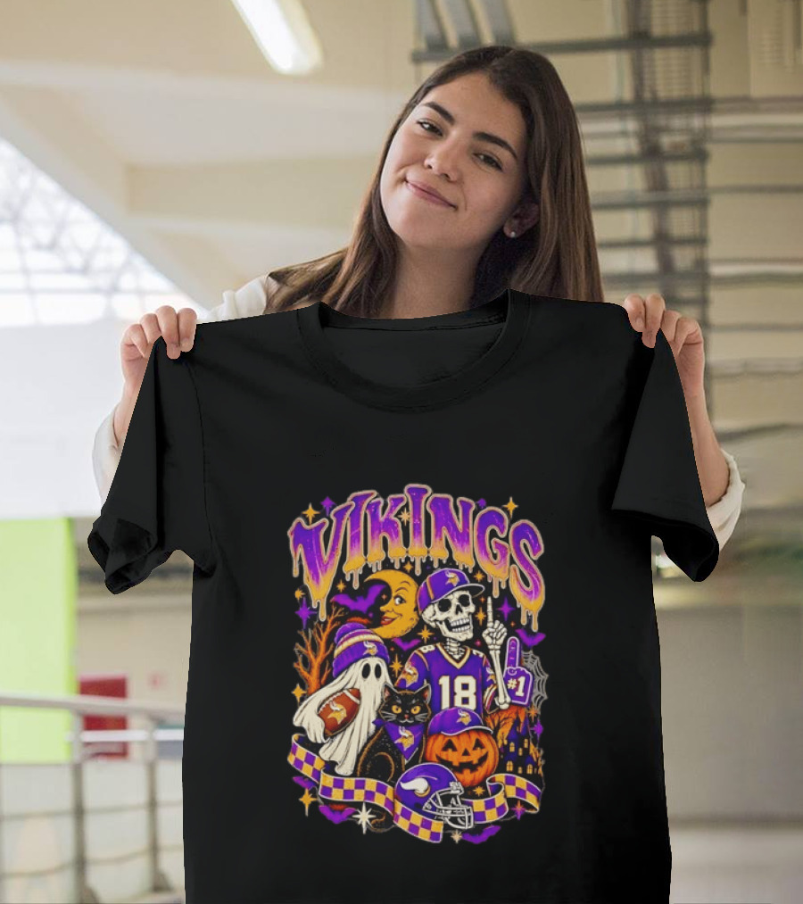 Vikings Halloween Skeleton Football 18 With Ghost Cat And Pumpkins T-Shirt