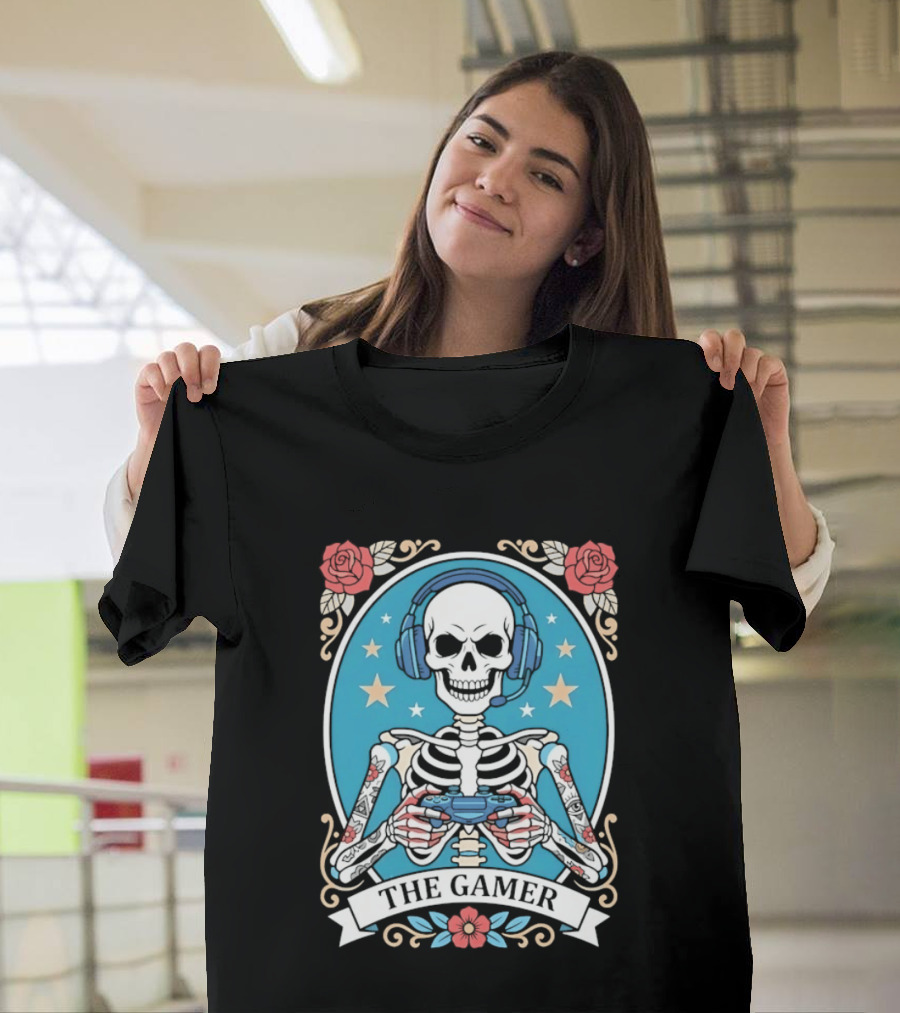 The Gamer Skeleton Headphones Controller Stars Roses T-Shirt