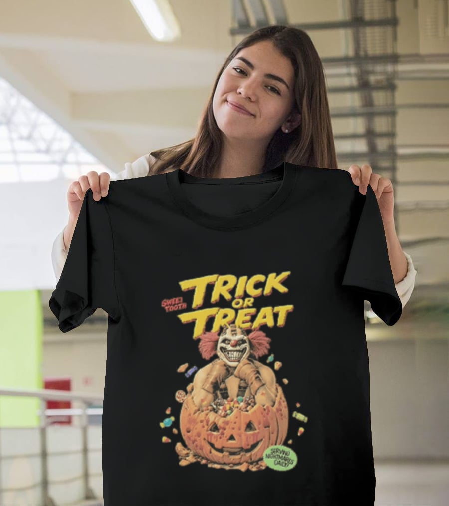 Twisted Metal Sweet Tooth Trick Or Treat Serving Nightmares Daily Pumpkin Candy T-Shirt