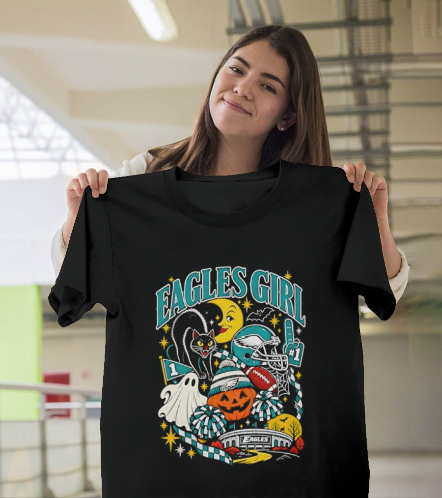 Eagles Girl Halloween Football Moon Cat Pumpkin Stadium T-Shirt