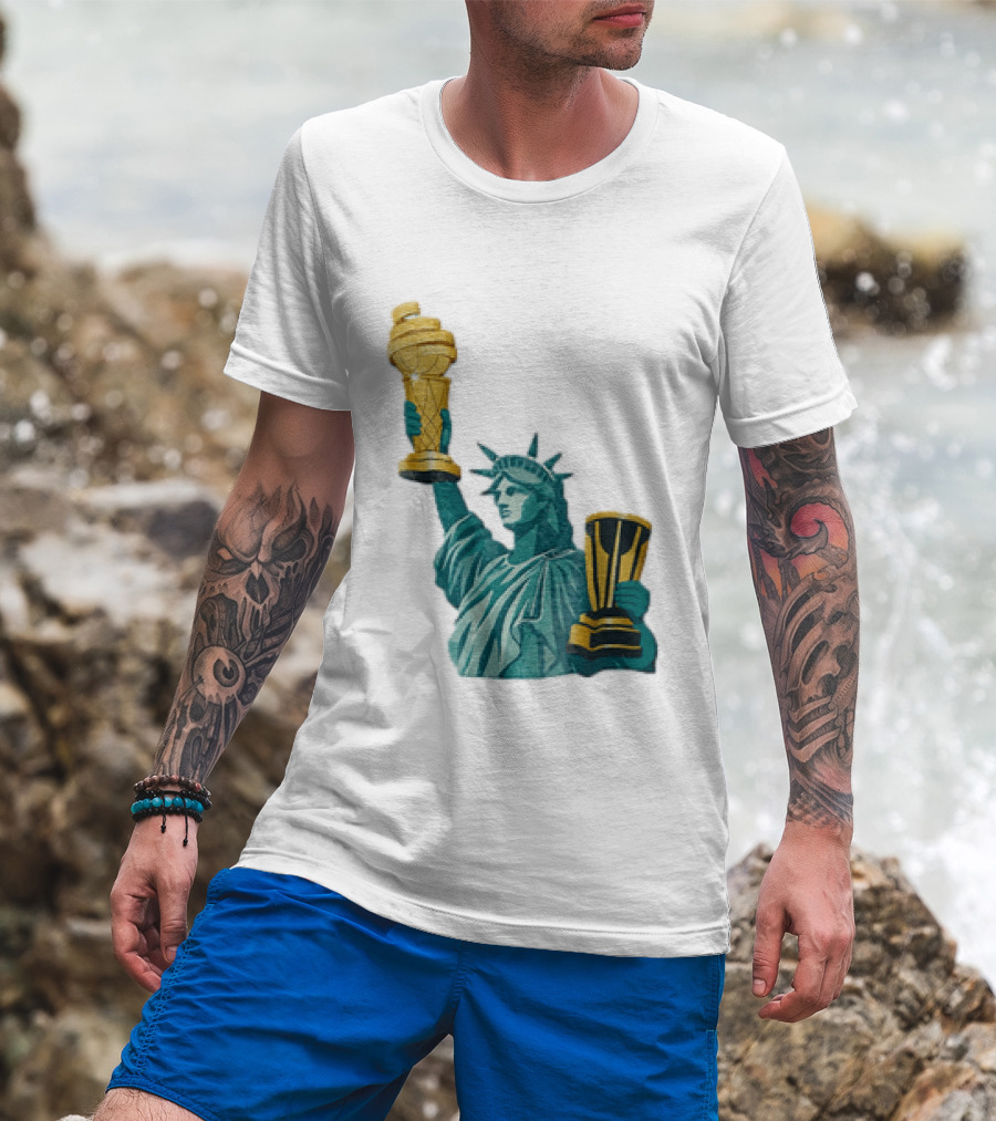 Lady Liberty Holding Dual Championship Trophies Soccer And Basketball T-Shirt